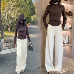 加绒加厚醋酸羊毛呢垂感休闲裤显瘦阔腿裤百搭宽松显瘦直筒拖地裤