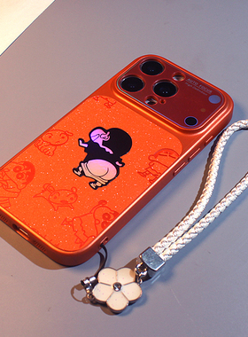 适用于苹果17/16/15手机壳iPhone14promax橙色镭射闪粉PP小新13新款16pro皮质卡通情侣plus全包防摔保护套女