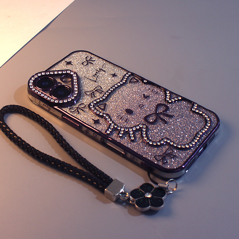 闪粉镶钻蝴蝶结猫咪适用iPhone16手机壳苹果15promax