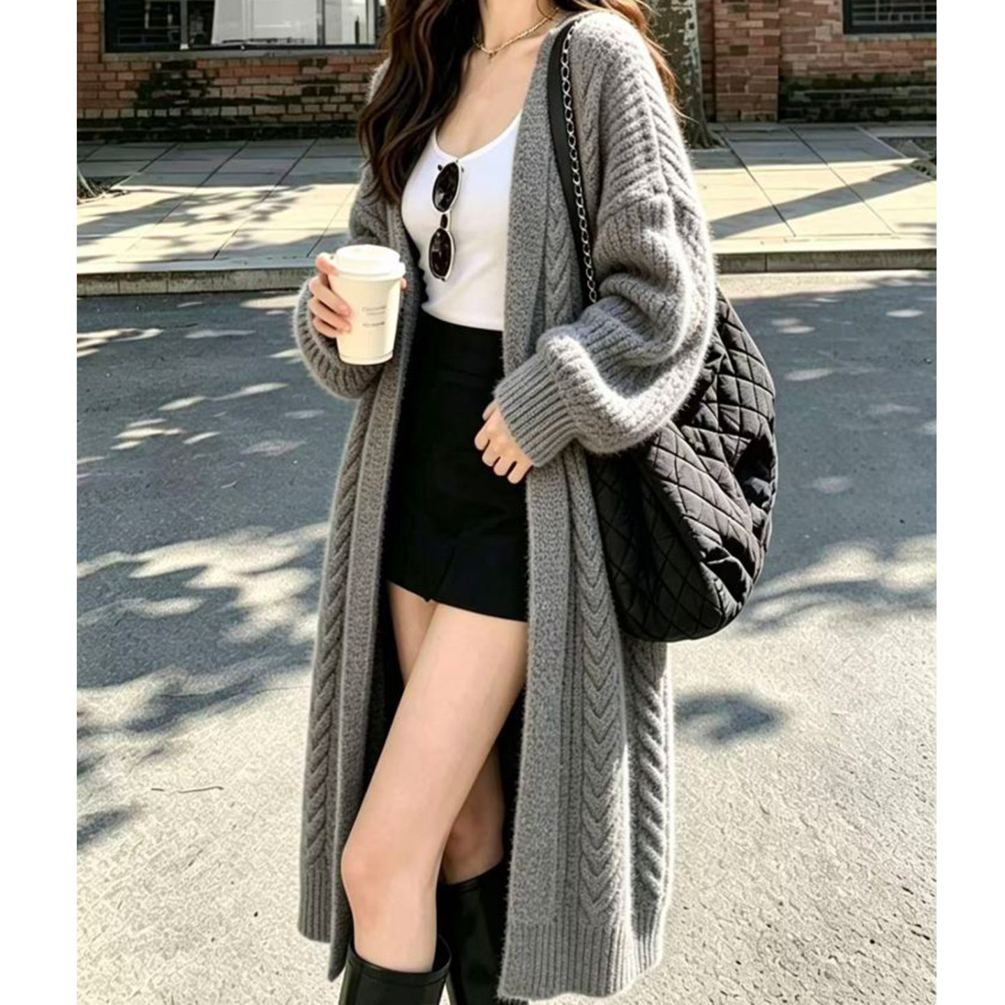 中长款灰色长款麻花女大码秋冬新款设计感小众慵懒风过膝针织开衫