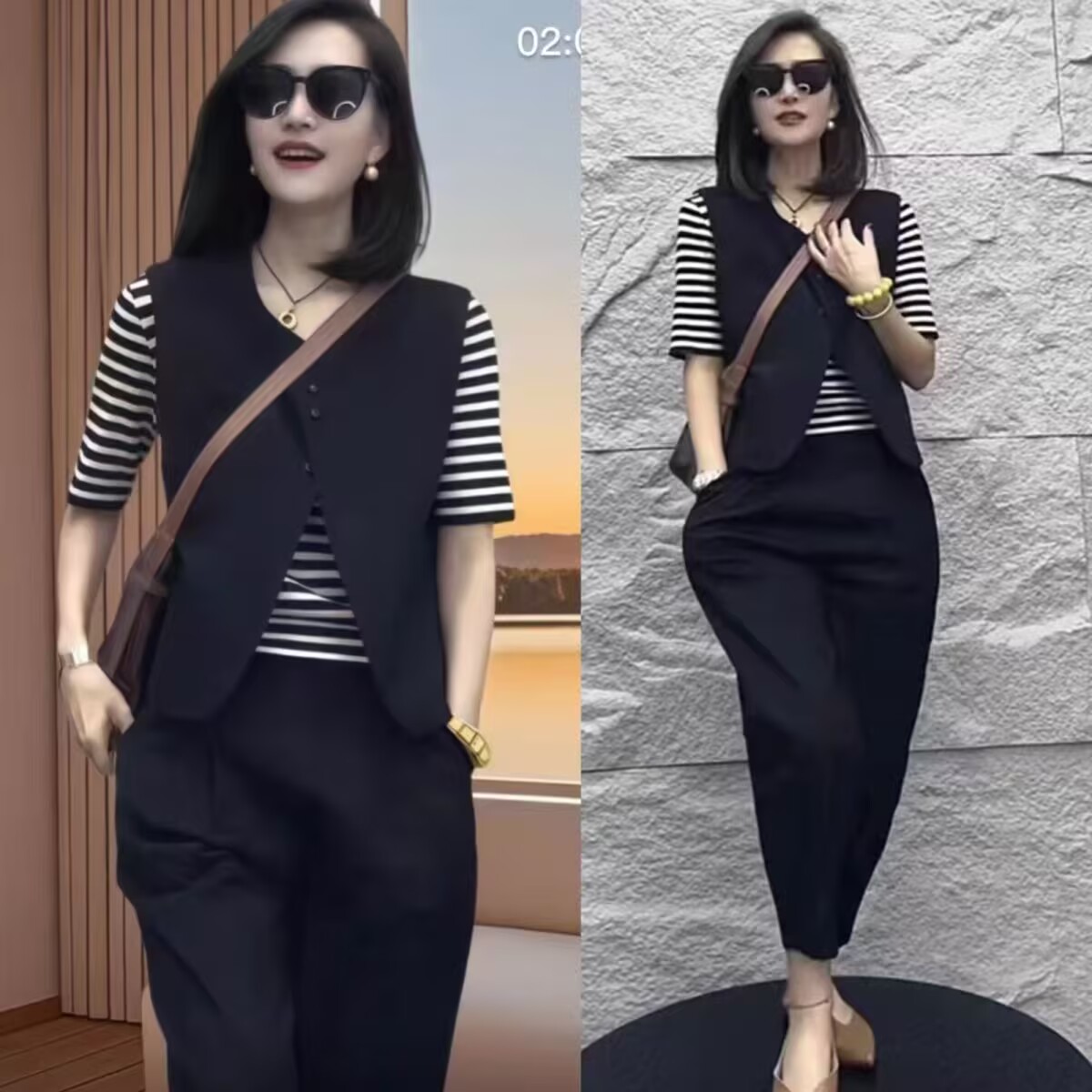 时尚气质休闲运动服套装女夏季条纹T恤西装马甲九分裤三件套显瘦