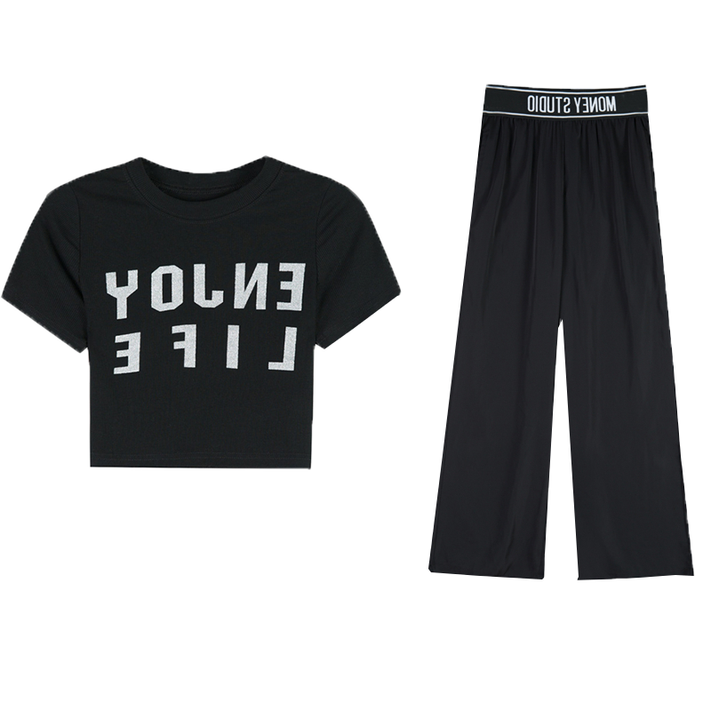 夏装新款运动风套装女洋气短袖T恤慵懒夏季阔腿裤休闲时尚两件套