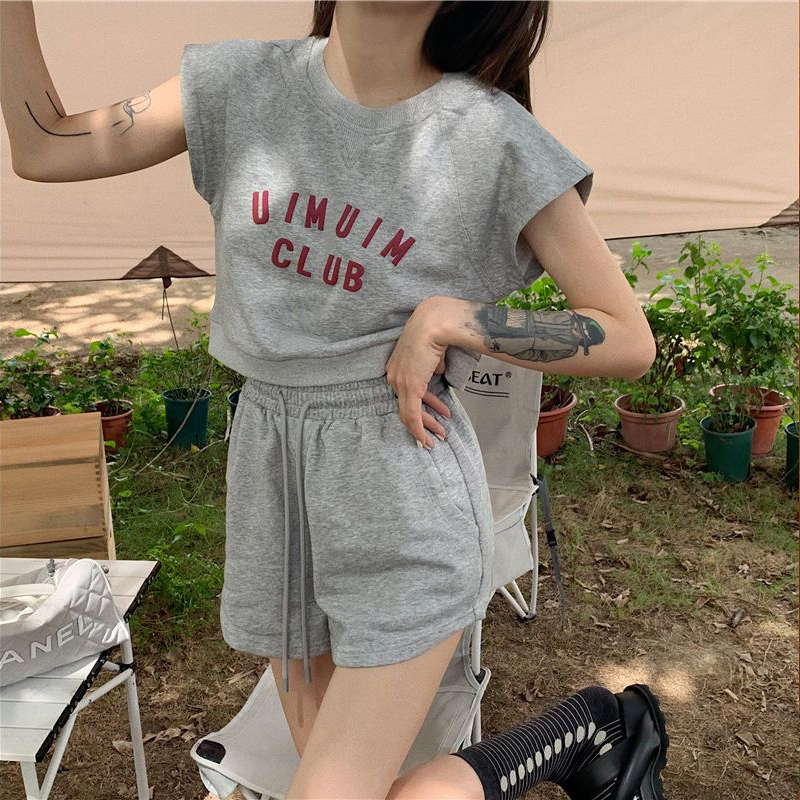 休闲时尚套装短款上衣女夏季新款短袖T恤运动短裤字母印花两件套