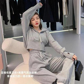 设计感跑步运动服套装 女港风显高搭配粉色拉链连帽薄款 卫衣两件套