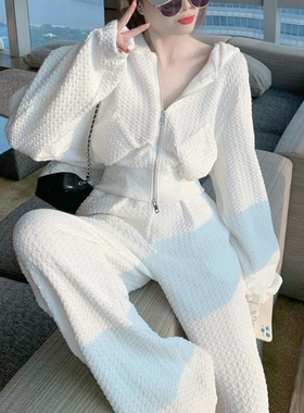 秋季新款连帽拉链薄款卫衣两件套休闲时尚跑步运动服白色套装女潮