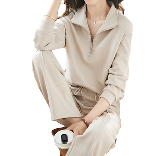 休闲运动服两件套春秋薄款POLO领卫衣华夫格简约翻领高级感套装女