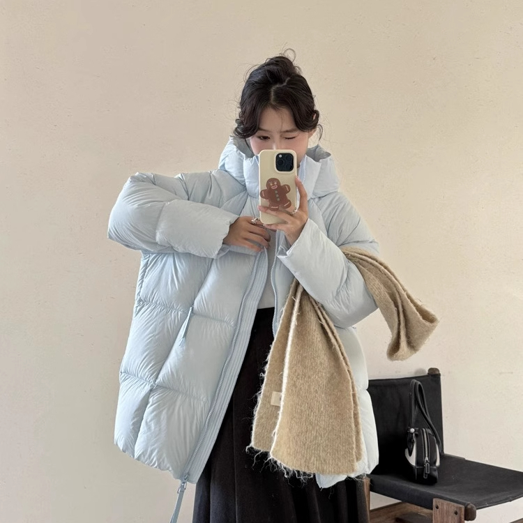 韩系泡芙中长款连帽羽绒服白鹅绒
