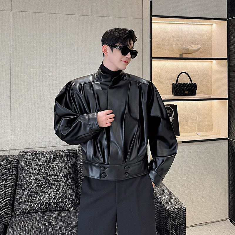 小众设计师美式复古立领褶皱短款皮夹克外套2523P165,男装夹克,电商C212