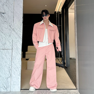 小众设计师撞色拼皮拉链大口袋短款休闲阔腿裤套装两色 2533 P245，男装西服，电商C212