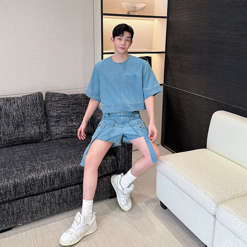 小众设计师复古美式短款上衣大口袋牛仔短裤套装两色2460P185,男装休闲套装,电商C212