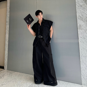 小众设计师复古美式洗水褶皱大口袋牛仔马甲两色W2462 P120图片