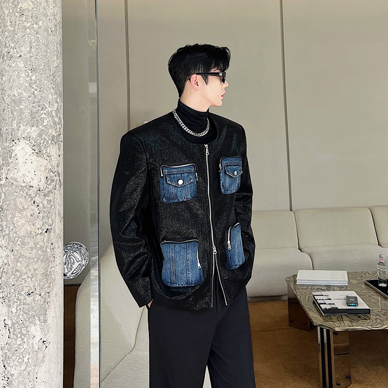 小众设计师重工洗水牛仔多口袋拼接拉链皮衣小香外套W2345P180,男装皮衣,电商C212