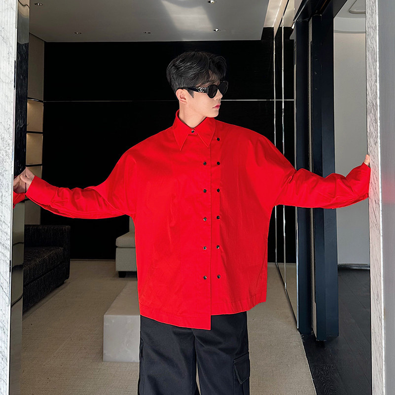 小众设计师斜门襟双排扣百搭休闲衬衫三色2535P80,男装衬衫,电商C212