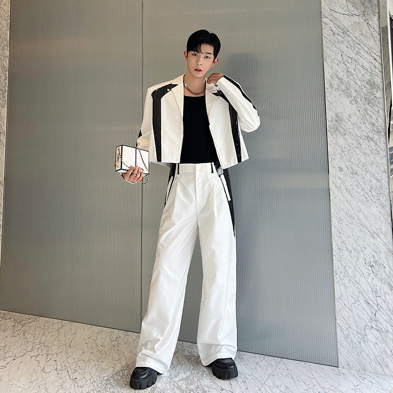 小众设计师漆皮黑白撞色西装阔腿裤套装W2323P215,男装西服套装,电商C212