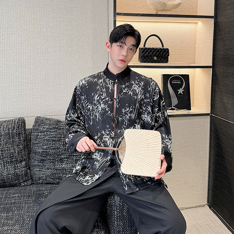 小众设计师新中式竹叶印花立领衬衫外套 2457 P90图片