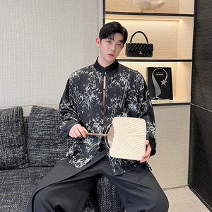 小众设计师新中式竹叶印花立领衬衫外套 2457 P90图片