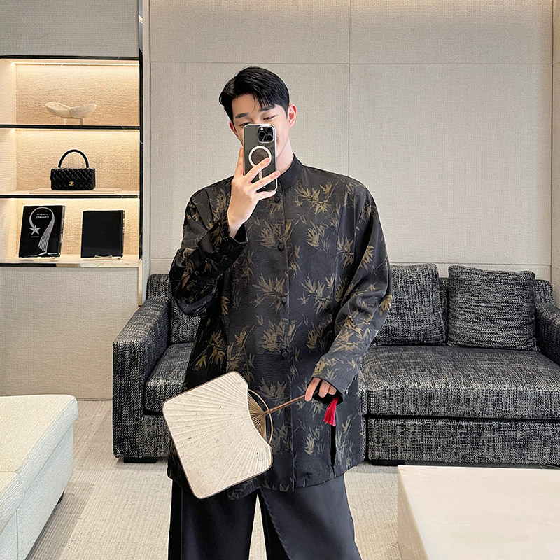 小众设计师新中式竹叶印花立领开叉衬衫外套2446P105,男装衬衫,电商C212
