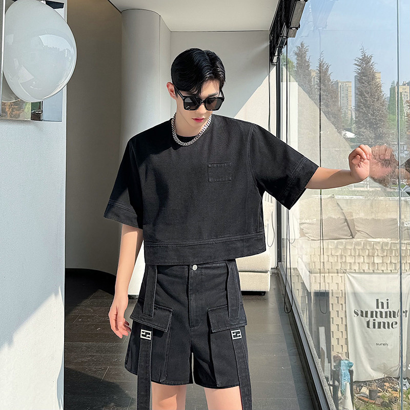 小众设计师复古美式短款上衣大口袋牛仔短裤套装两色2460P185,男装休闲套装,电商C212