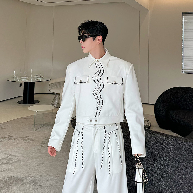 小众设计师复古波浪明线刺绣短款夹克套装两色2517P245,男装夹克,电商C212