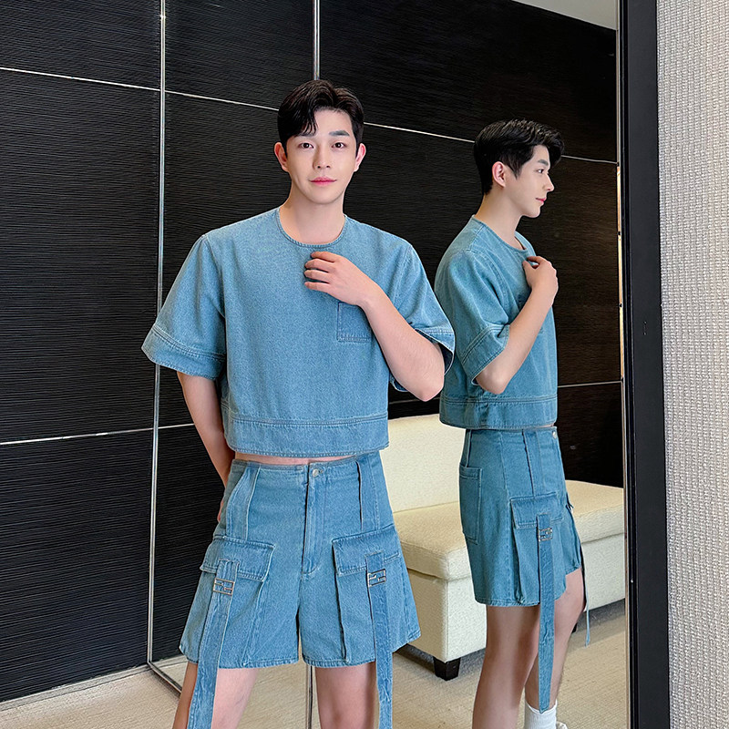 小众设计师复古美式短款上衣大口袋牛仔短裤套装两色2460P185,男装休闲套装,电商C212