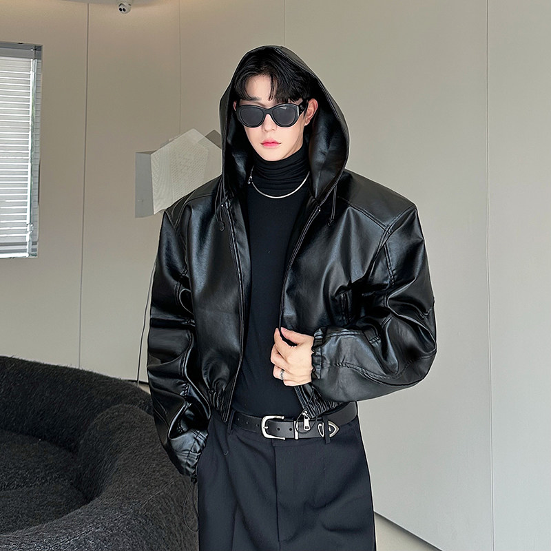 小众设计师美式复古松紧衣摆连帽短款皮衣机车夹克外套2511P140，男装夹克，电商C212