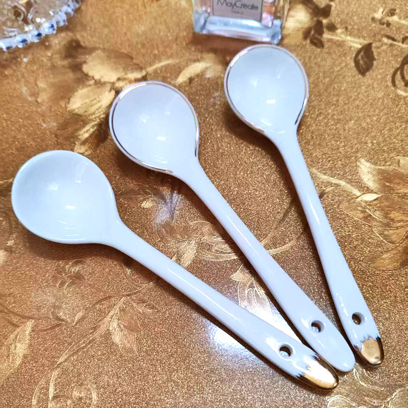 黄金边陶瓷加长咖啡勺大柄汤勺甜品勺餐厅调料勺酒店海棠勺子饭勺