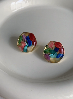 彩色涂鸦圆形耳钉ins小众设计几何复古耳环简约甜美气质耳饰925银