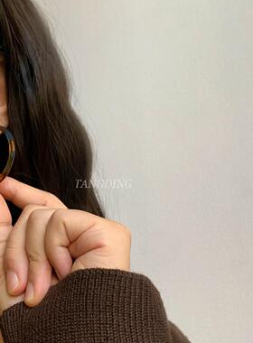 蓝棕撞色豹纹c型耳环小众设计复古醋酸耳钉简约几何气质耳饰925银