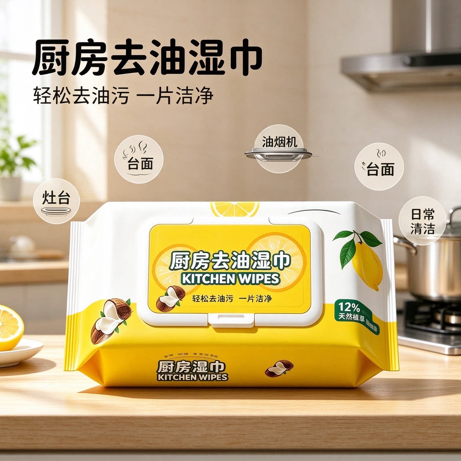 厨房去油湿巾强力去油污一次性懒人抹布灶台油烟机清洁湿巾大包