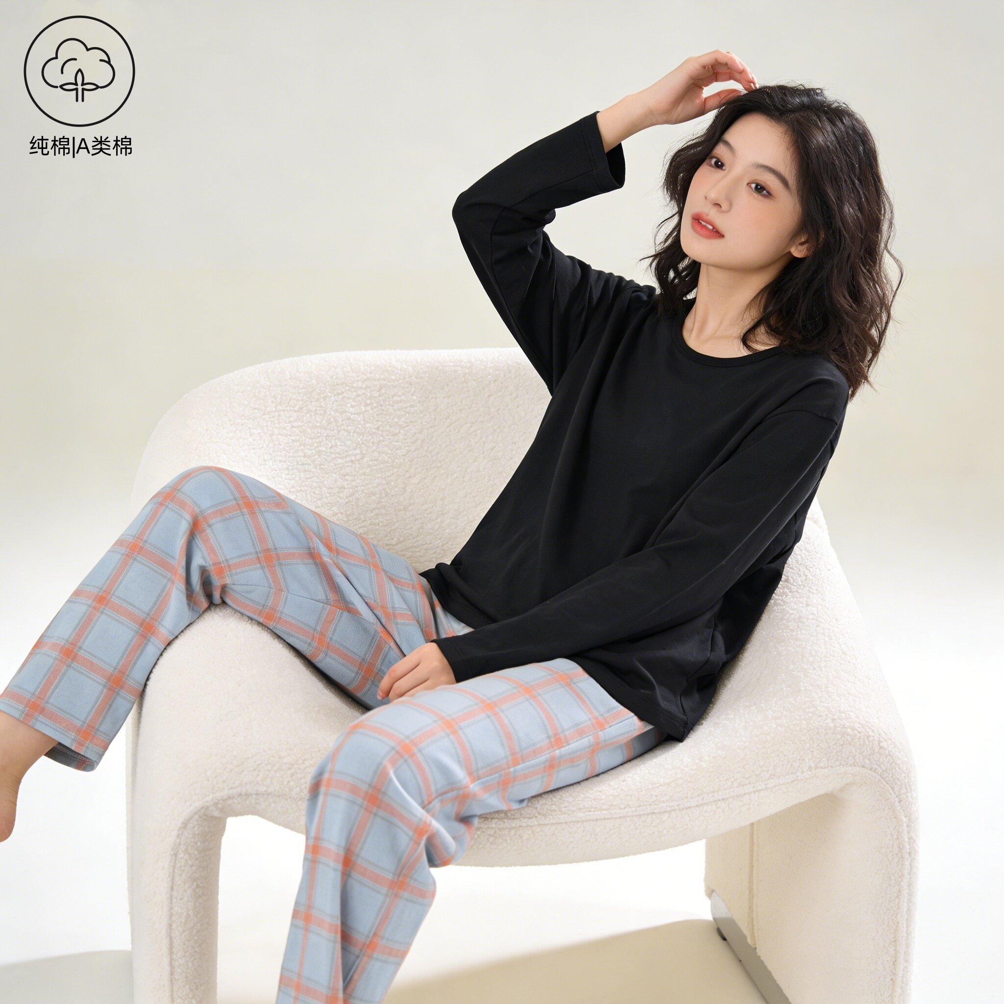 A类纯棉睡衣女春季长袖格子睡衣男可外穿休闲风情侣款家居服套装