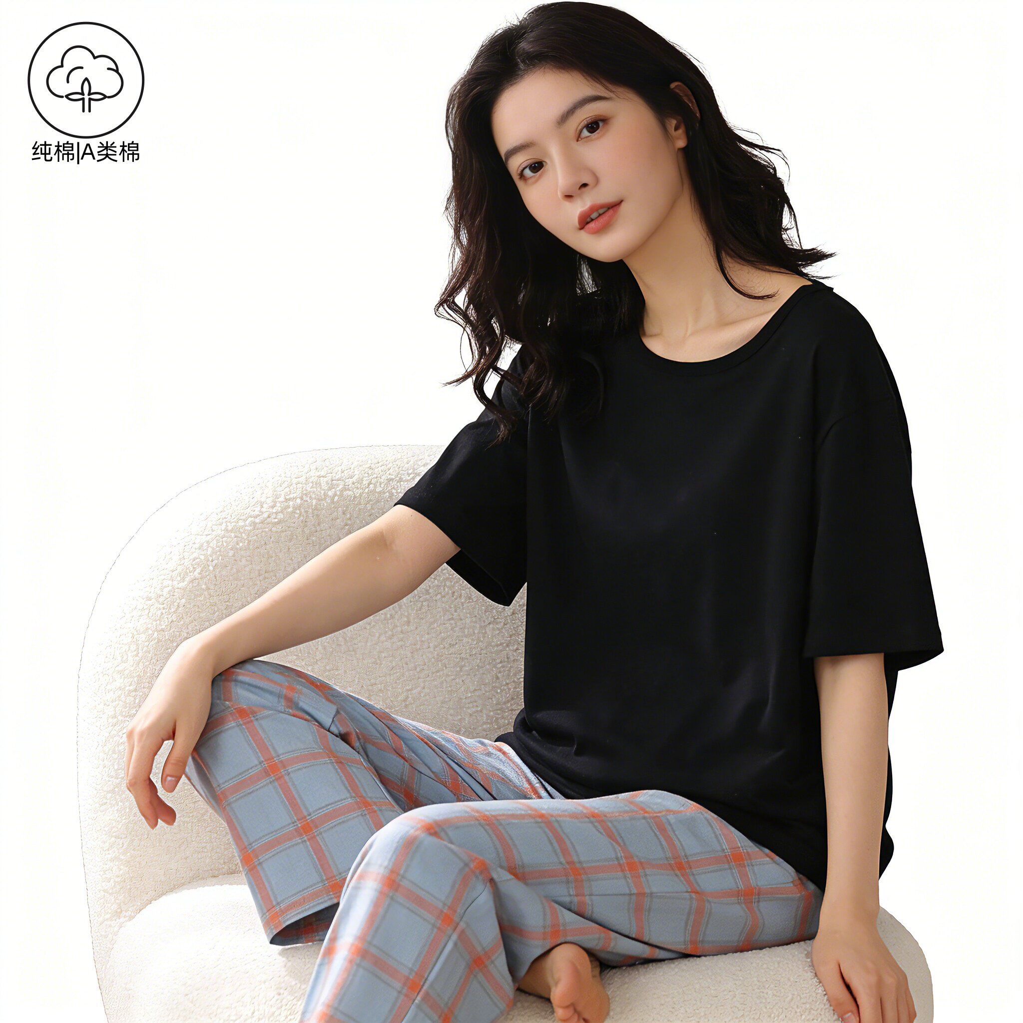 A类纯棉睡衣女春季短袖格子睡衣男可外穿休闲风情侣款家居服套装