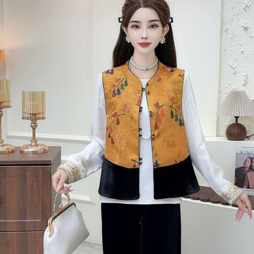 新中式提花拼接丝绒马甲女2026春秋新款国风立领短款马夹坎肩上衣