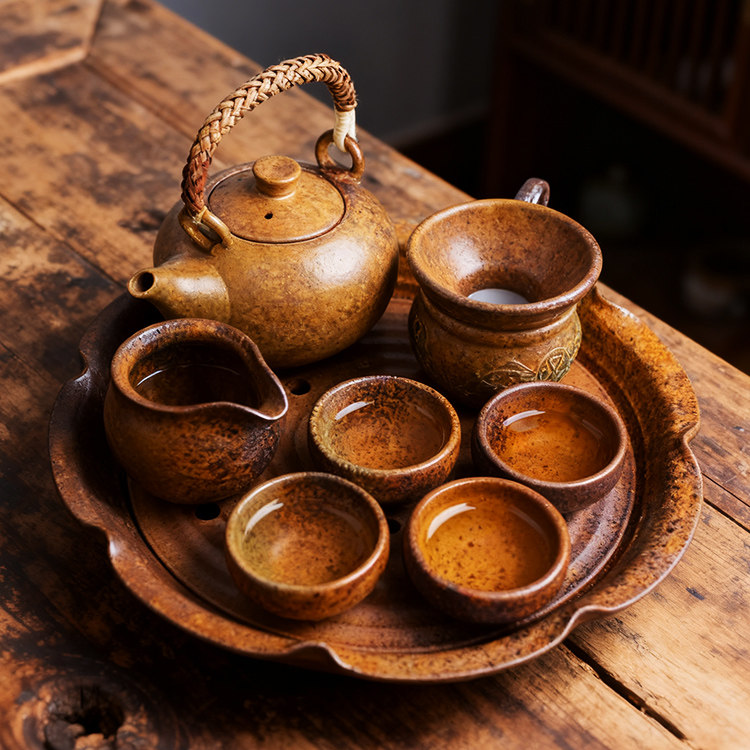 日式粗陶茶具套装复古陶瓷八件套功夫茶道手工茶器提梁壶套组家用