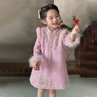 女童唐装 拜年服 汉服冬儿童加绒国风蕾丝花朵挎包旗袍三件套新年装