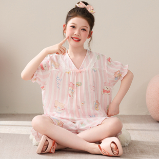 儿童睡衣女童夏季双层纯棉纱薄款短袖套装中大童公主风女孩家居服