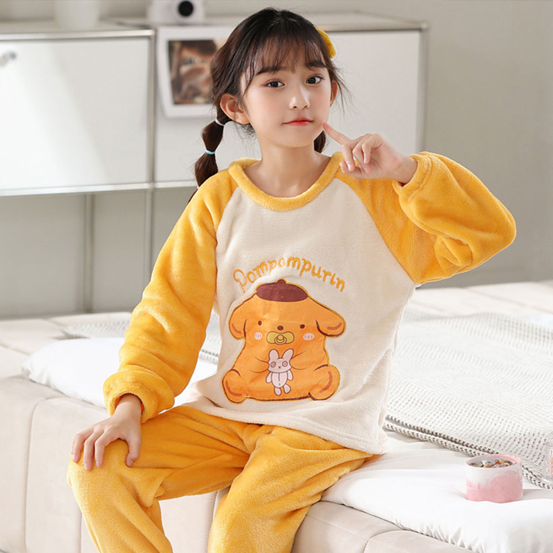 网红爆款秋冬季法兰绒儿童睡衣薄绒女孩学生宝宝家居服珊瑚绒套装