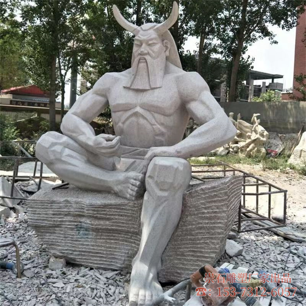 大型石雕塑牛角人头汉白玉牛魔王韦陀关公罗汉