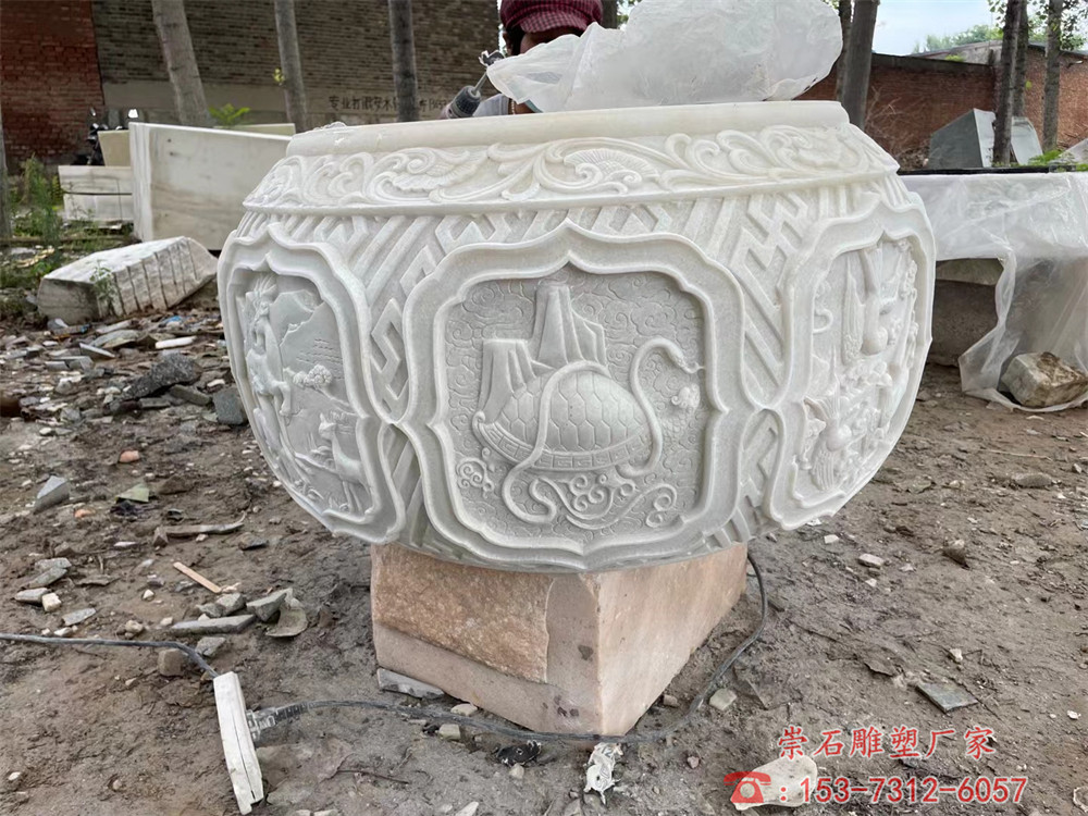石雕花盆青石材中式仿古风水鱼缸天然汉白玉定制龙缸庭院摆件
