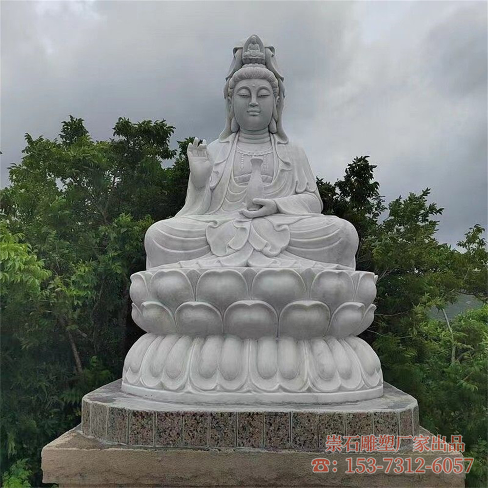 观音像石雕汉白玉佛像滴水观音菩萨大型三面观音寺院庙宇户外摆件