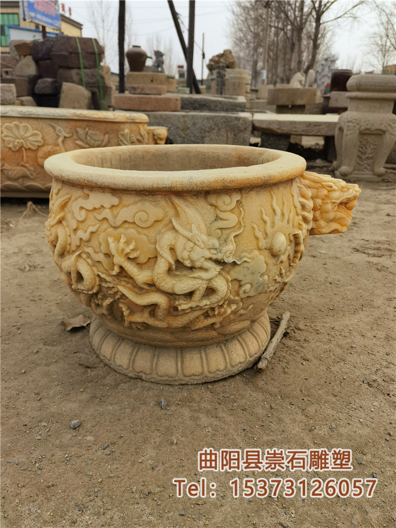 石雕汉白玉龙缸鱼缸青石仿古石盆庭院石头缸养鱼圆盆招财水缸摆件