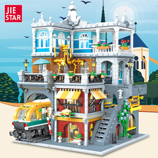 杰星89128火车站汉堡店积木成人高难度拼装益智玩具跨境