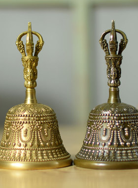 黄铜摇铃手铃纯铜佛头四股金刚法器做旧黄色精品丝扣链接包邮