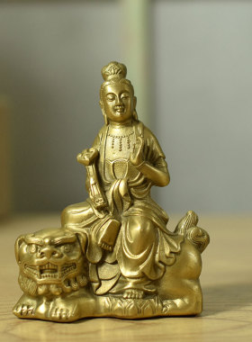 纯铜文殊普贤菩萨佛像摆件家居装饰品工艺平安升学礼品黄铜