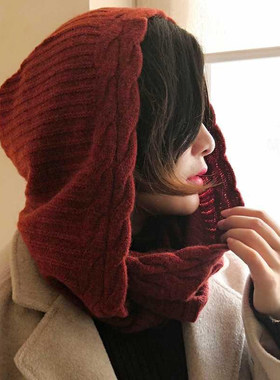 羊绒围脖连帽子两用款秋冬潮针织套帽子围巾一体冬保暖百搭护脖帽