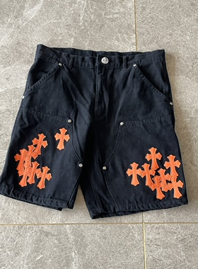 Remake克罗CH橙色十字架缝纫个性百搭休闲工装短裤