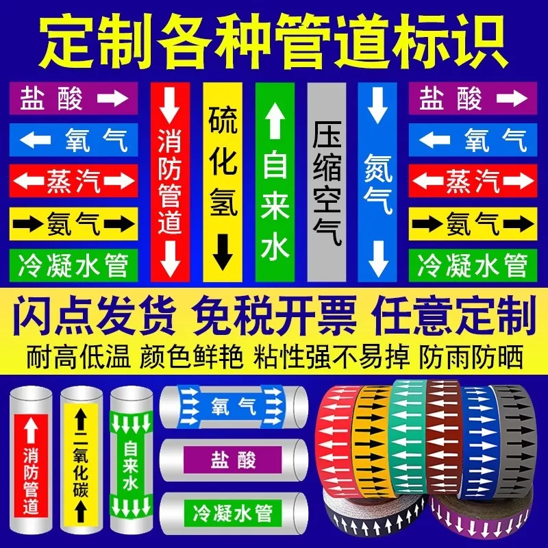 工业管道标示贴纸国标管道流向标识贴箭头标签反光膜色环防水自粘
