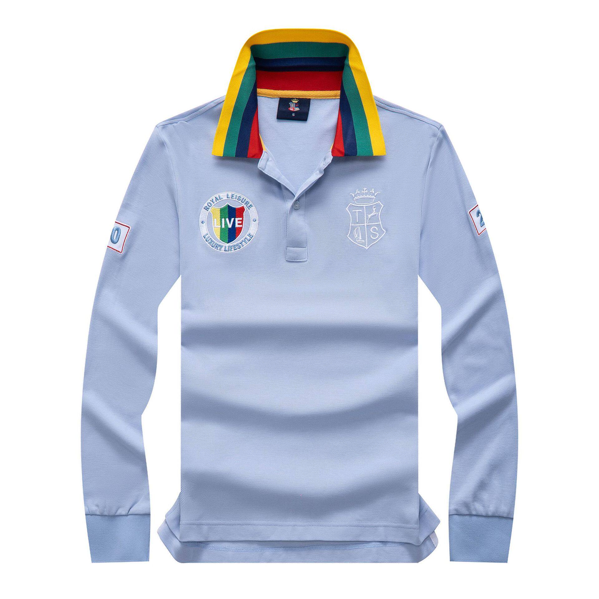 100%棉高端大牌TS男士长袖翻领POLO衫商务休闲刺绣图案蓝色T恤