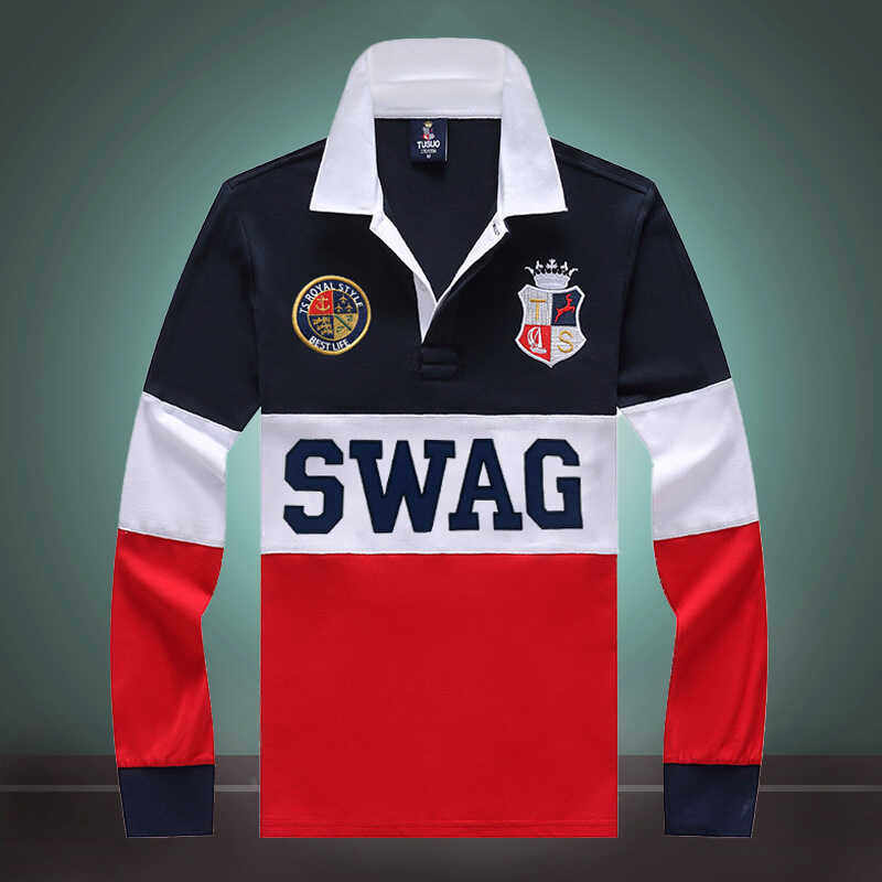 春秋款街头街舞运动宽松t恤男大码潮流长袖Polo衫休闲刺绣纯棉T恤