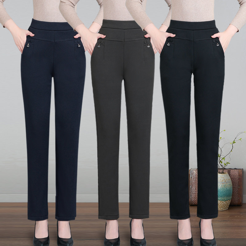 妈妈裤子女春秋新款高腰弹力直筒裤休闲长裤外穿中老年女裤松紧腰