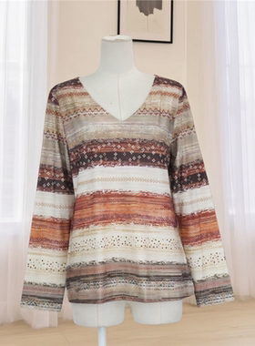 春秋爆款女条纹拼色设计v领长袖T恤宽松遮肉显瘦气质百搭25744